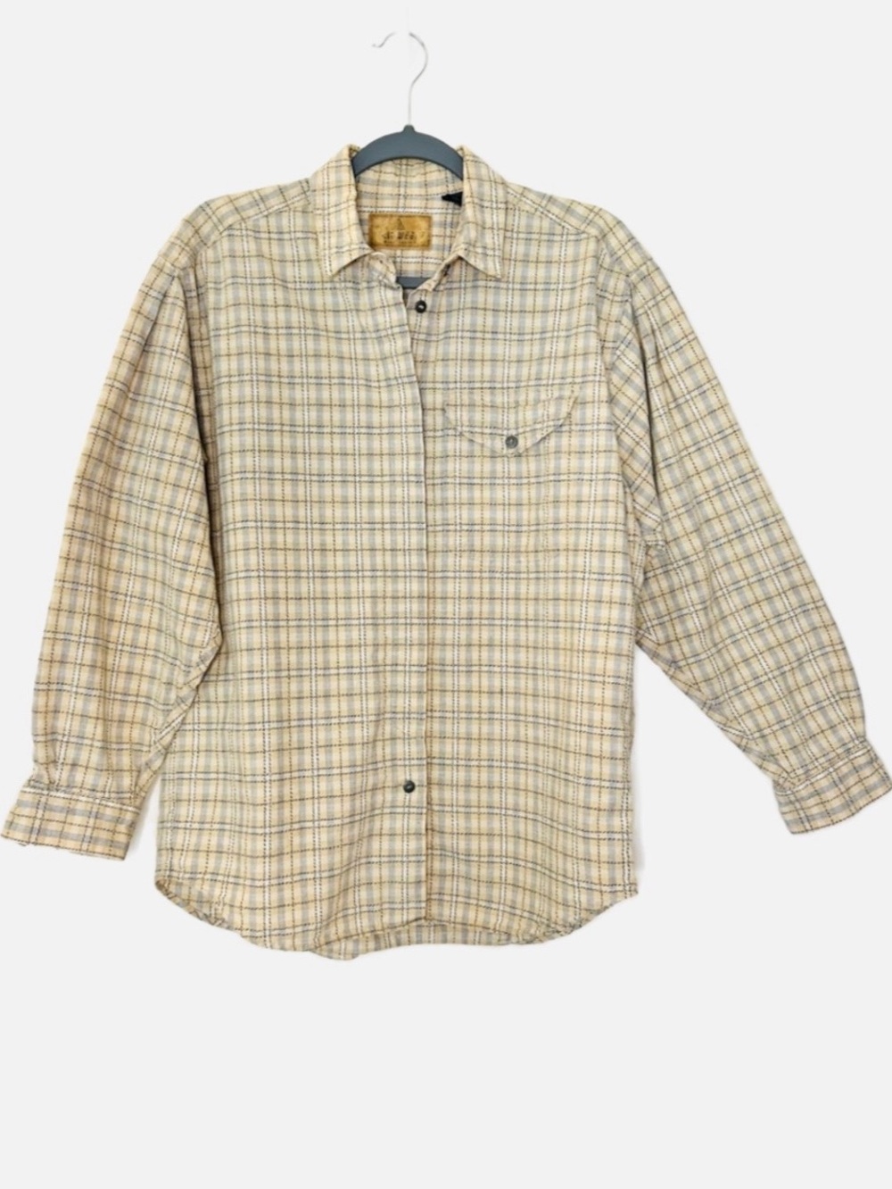 LIZ CLAIBORNE Vintage Plaid Button Shirt - Taupe & Blue- Long Sleeved - Size M